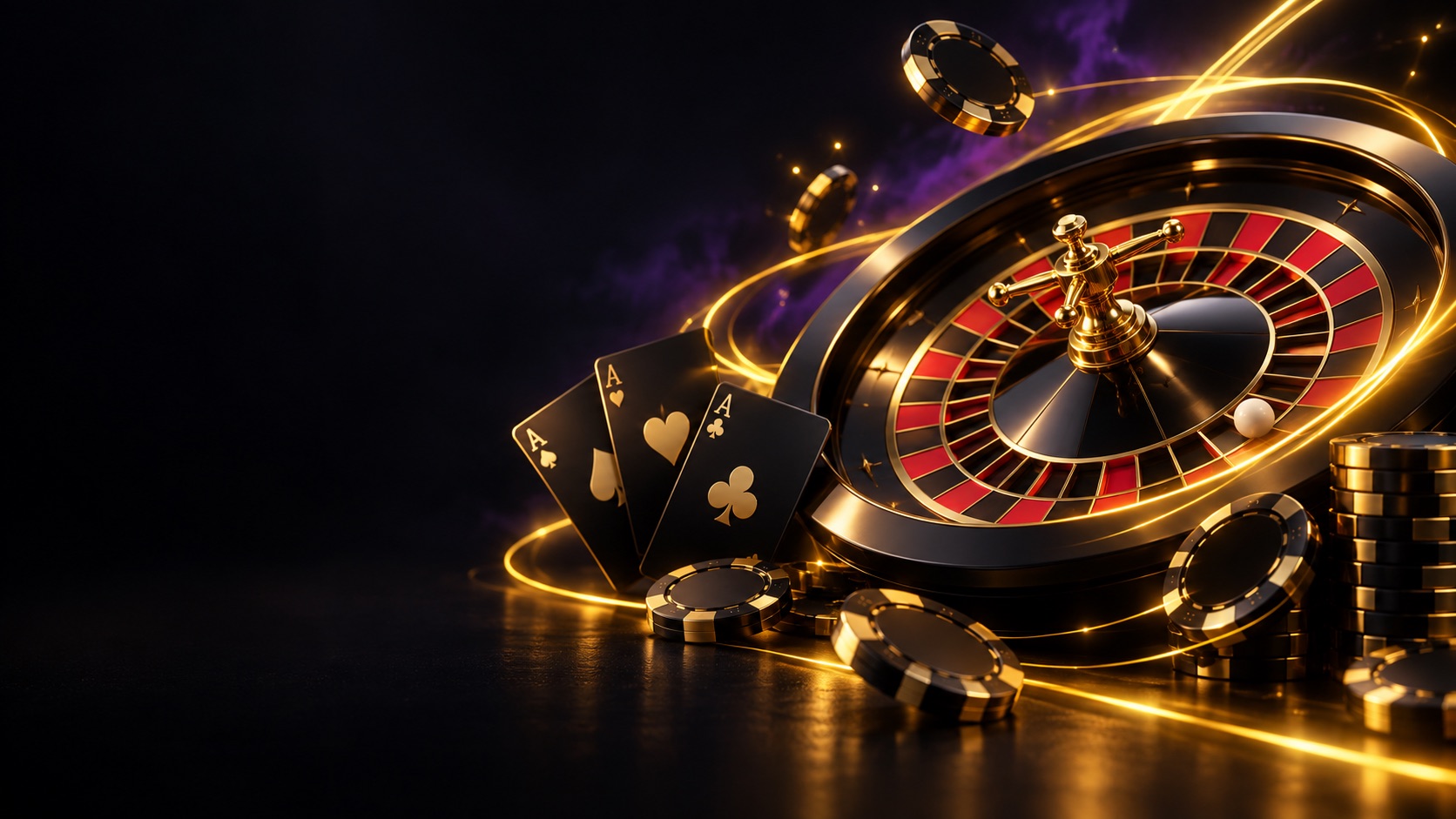 Roulette wheel, playing cards and casino chips representing live casino games