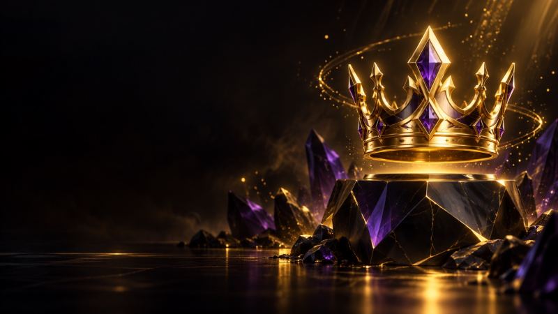 Gold crown with purple gemstones on a dark pedestal